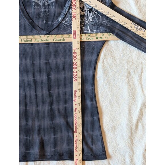 Affliction Women's Gray Thermal V Neck Goth Tribal Grunge USA Made Large - Picture 6 of 7